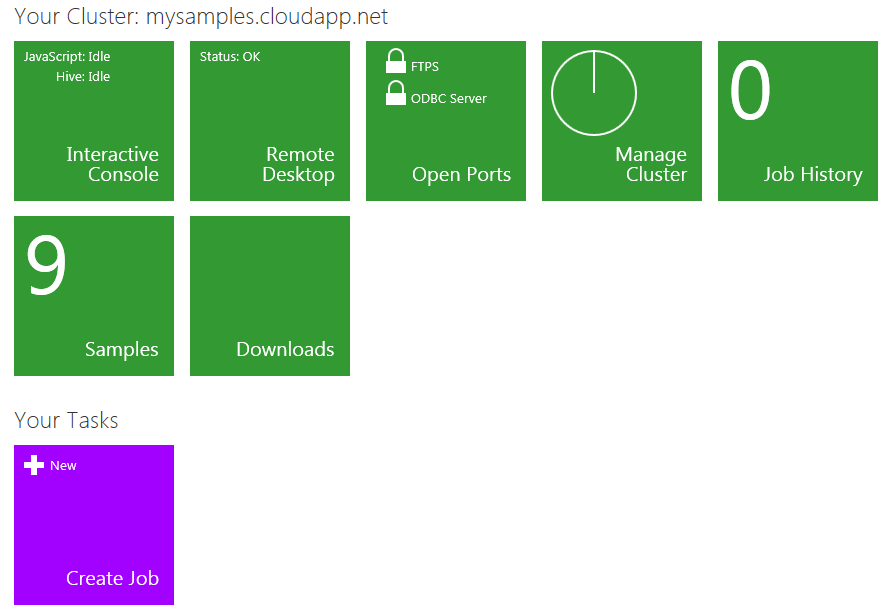 Screenshot of the HDInsight account management page