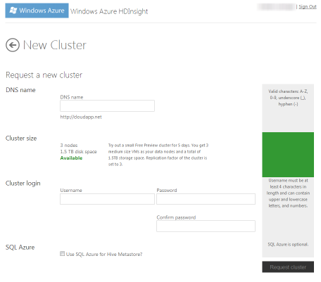 Screenshot of the start page for creating a new HDInsight cluster