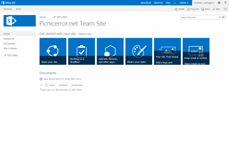 Screenshot of the Office 365 Team Site homepage