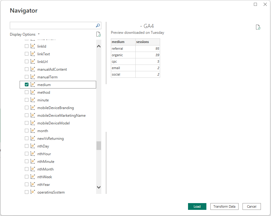 Screenshot of the GA4 dialog in Power BI allowing selection of dimensions and metrics.