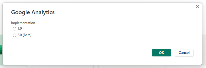 Screenshot of the Implementation dialog in Power BI allowing you to select between Universal Analytics and GA4.