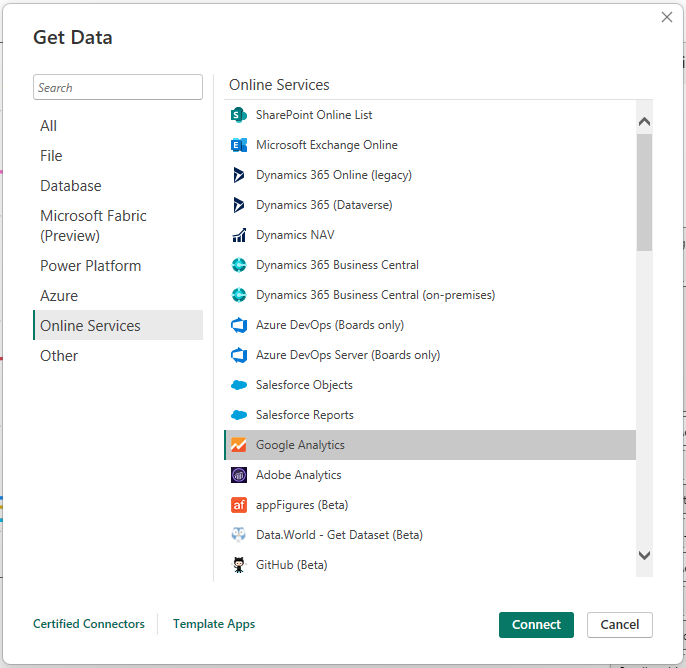 Screenshot of the Get Data dialog in Power BI Desktop, showing the Google Analytics connector.