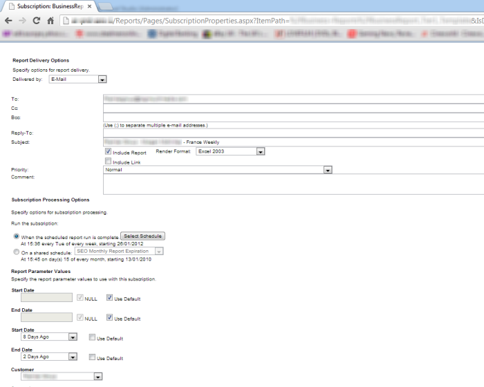 Screenshot illustrating the creation of a scheduled SSRS report