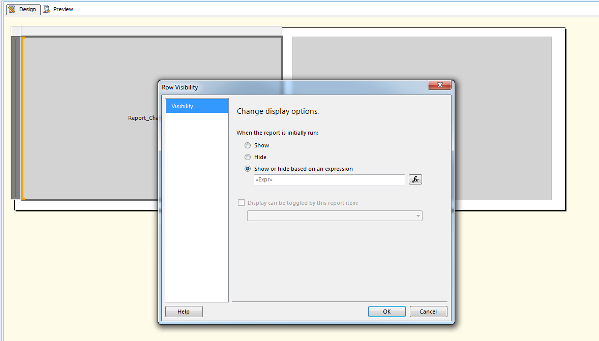 Screenshot of SSRS report showing the Row Visibility menu item