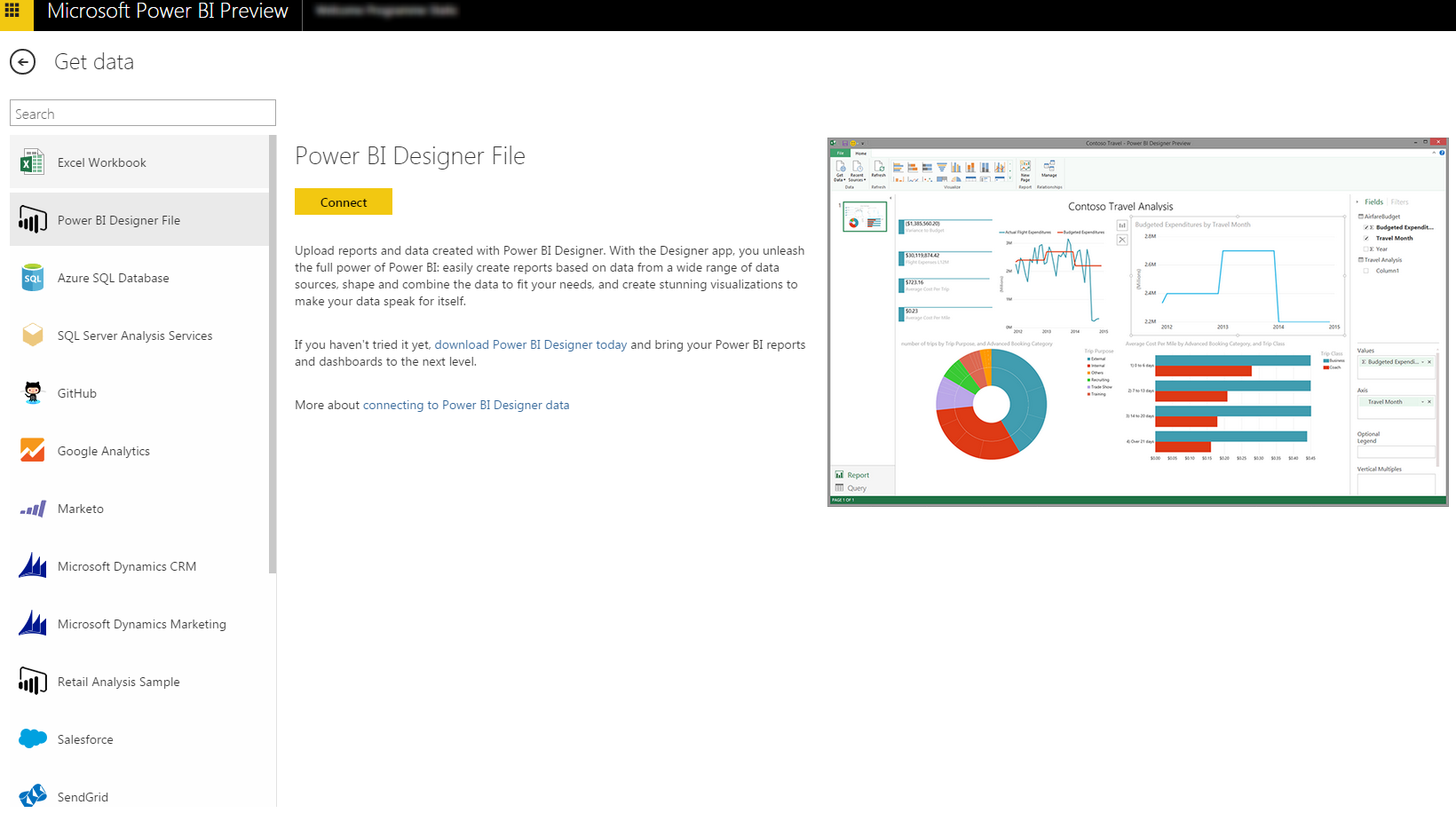 Screenshot of the Power BI app's supported data sources