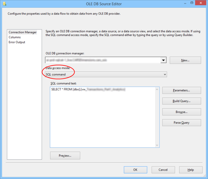 Screenshot of an SSIS OLE DB source using SQL command access mode