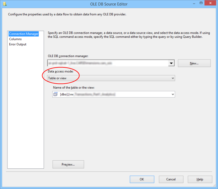 Screenshot of an SSIS OLE DB source using Table or View access mode