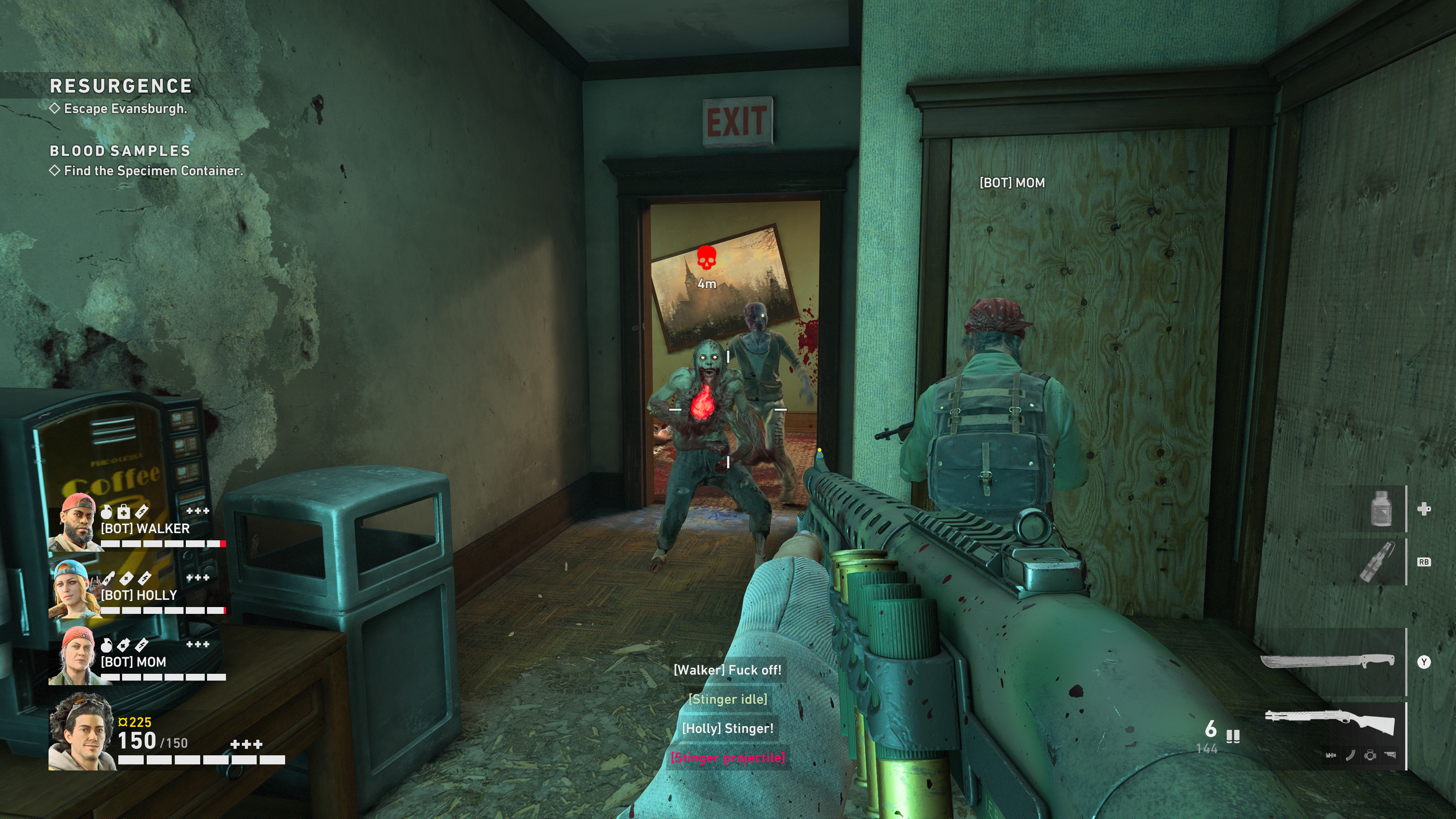 Screenshot of Back 4 Blood in single player mode with bots as a special Ridden confronts the squad in a tight corridor.