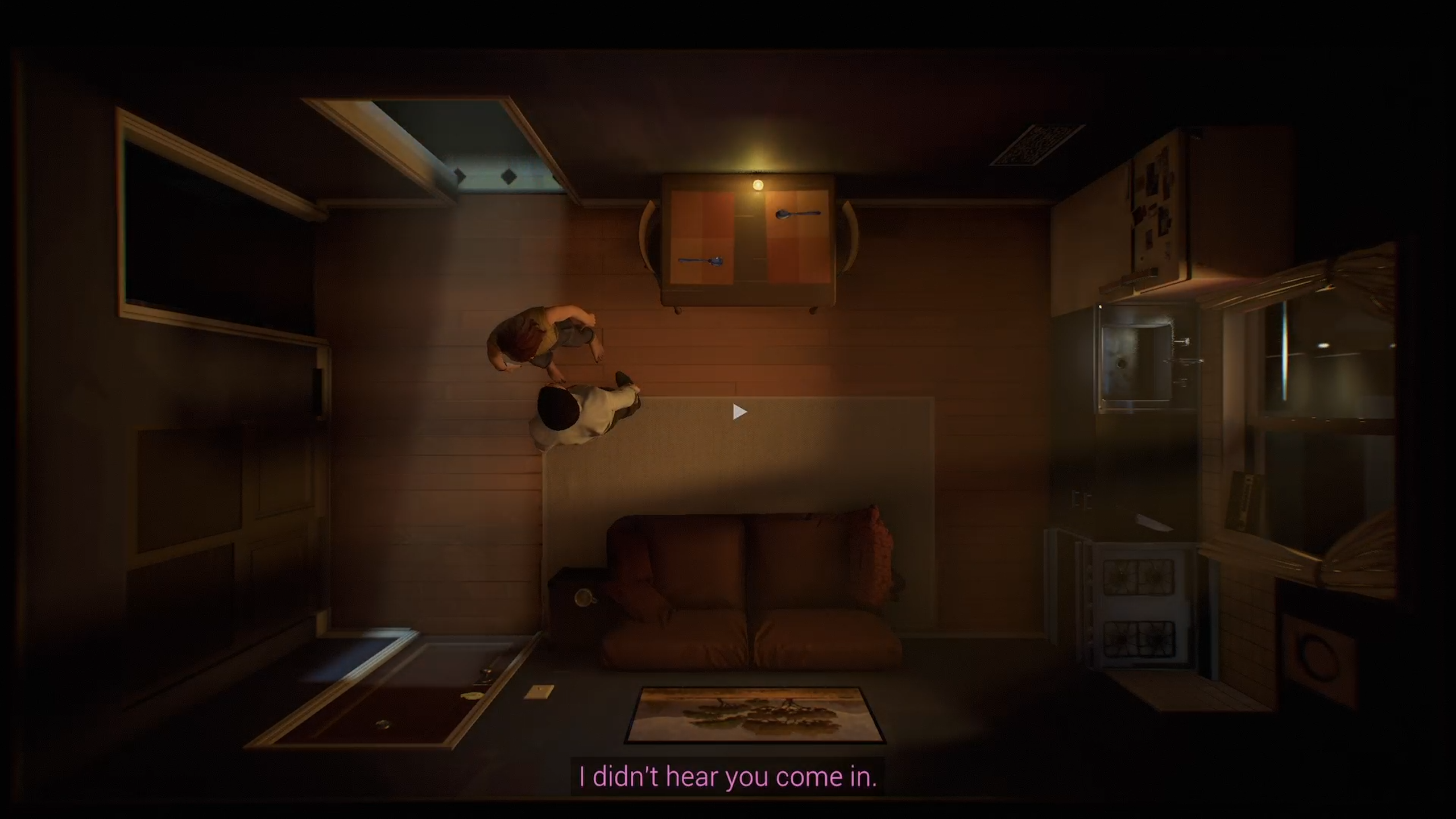 Screenshot of Twelve Minutes showing a top down view in a small living room with a couple standing talking to one another.