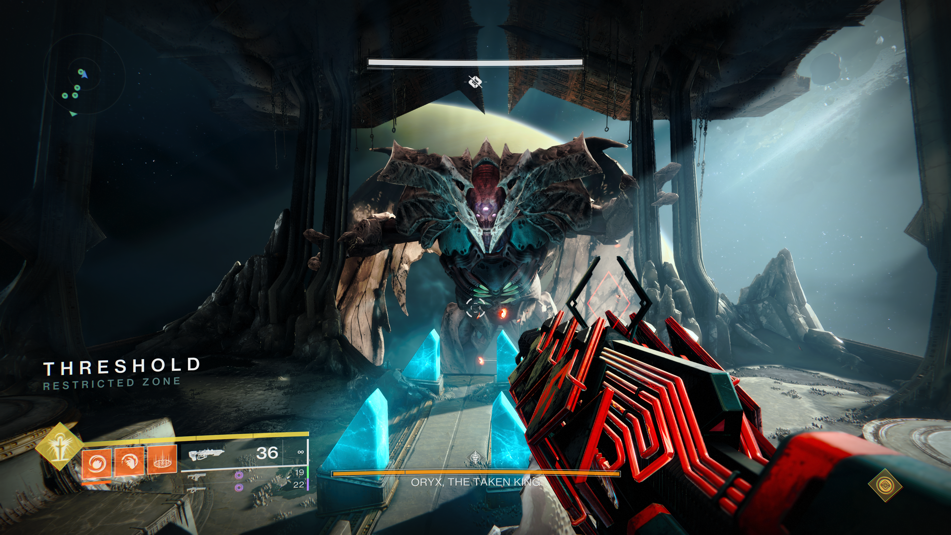 Screenshot showing Oryx, the Taken King appearing at the end of the King's Fall raid in Destiny 2