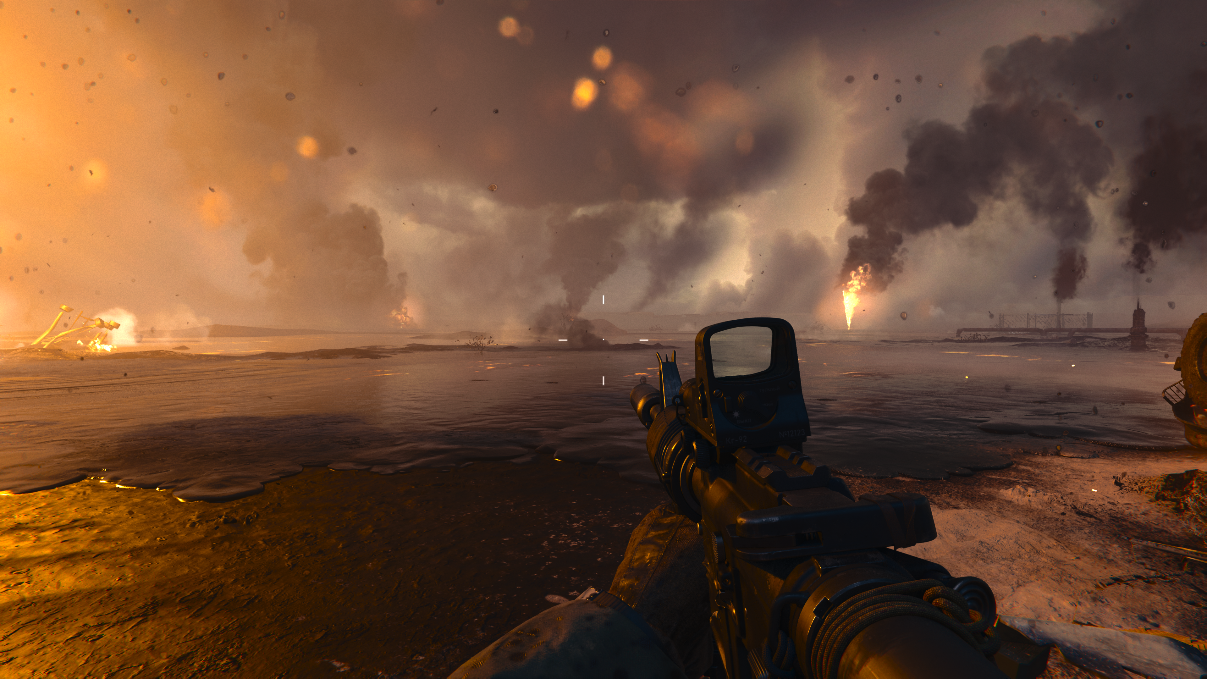 Screenshot the opening mission of Black Ops 6, showing Kuwaiti oil fields on fire