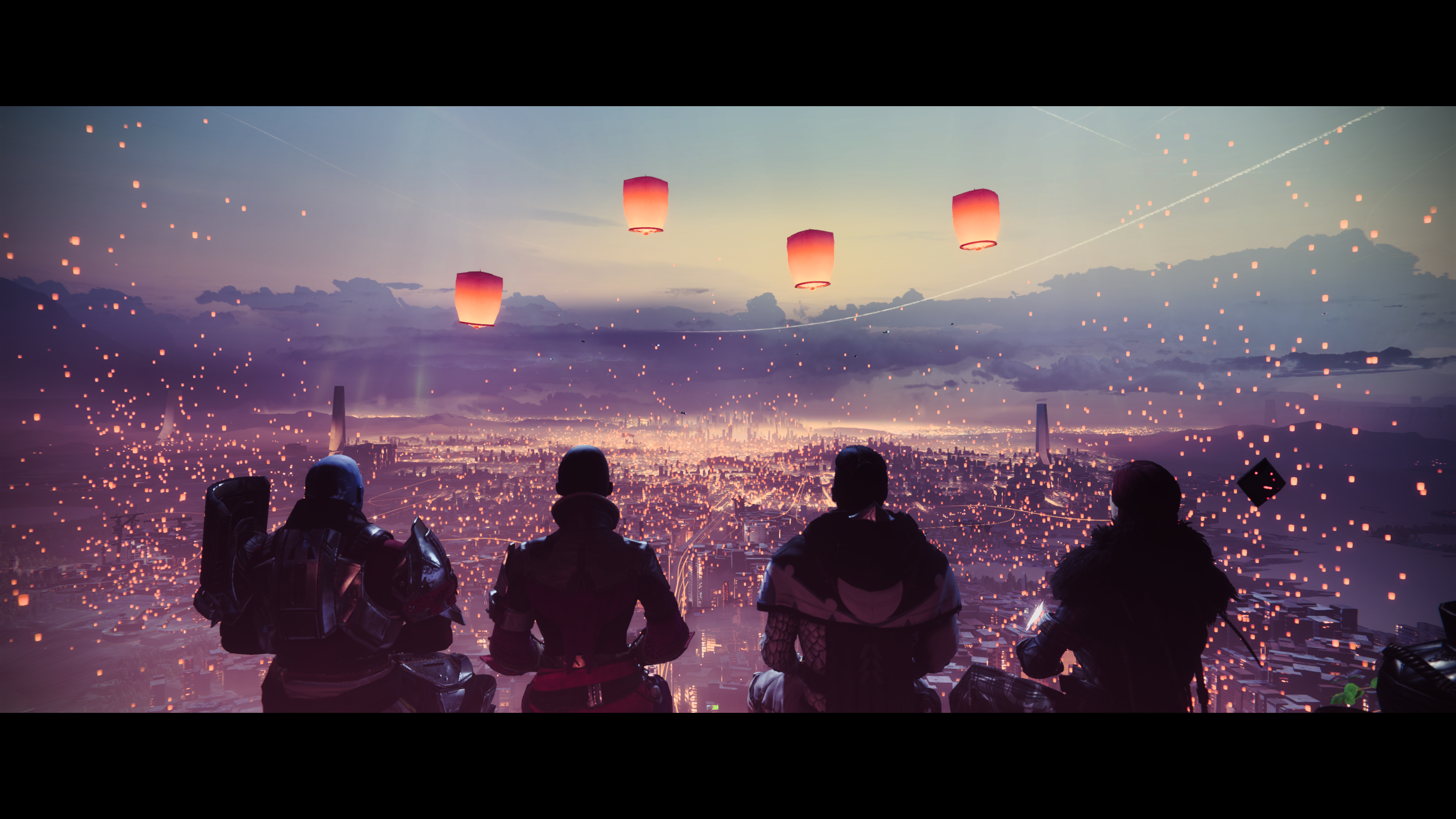 Screenshot from the end of Destiny 2 The Final Shape, showing the Vanguard sitting watching lanterns floating above the Last City