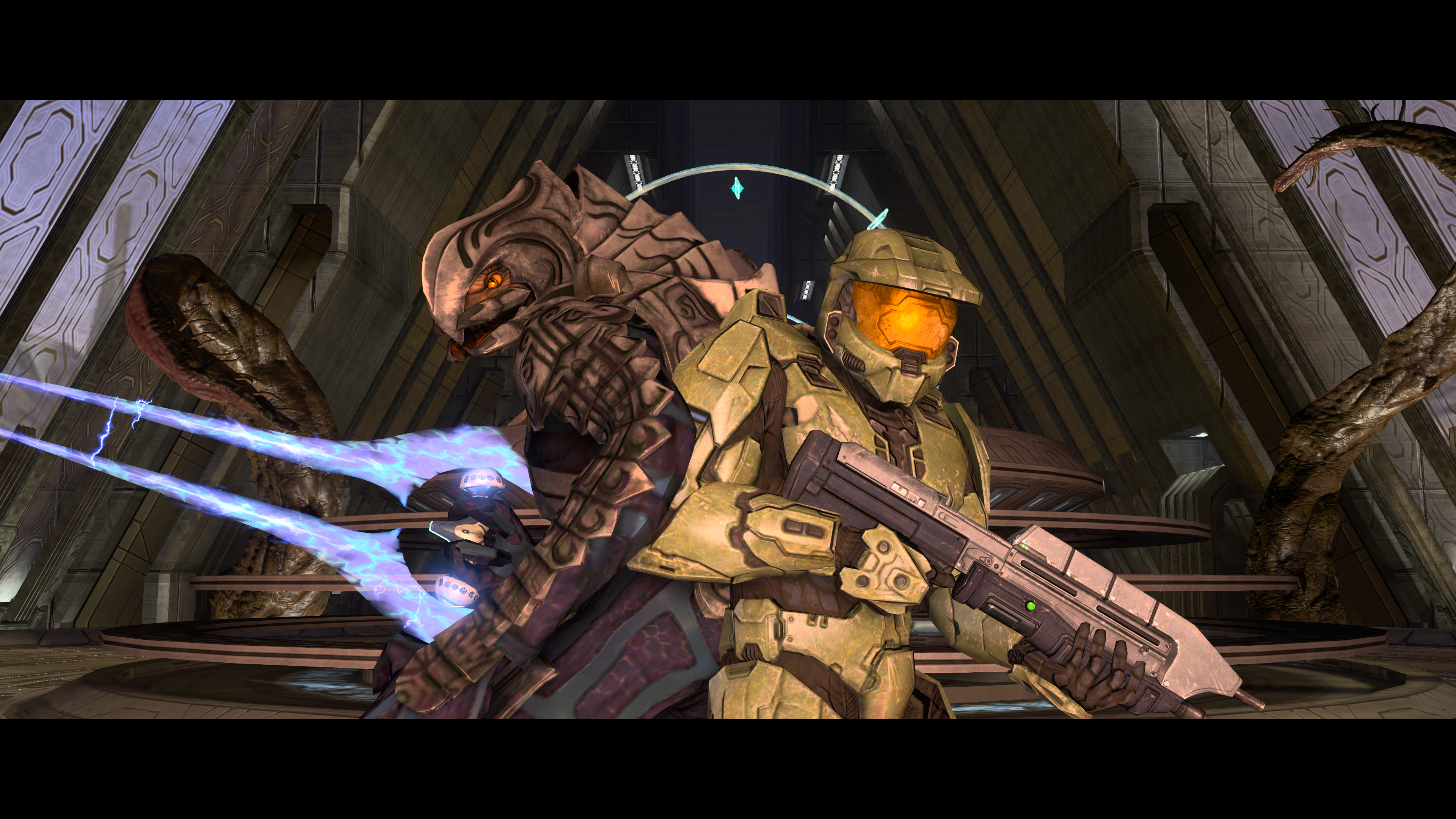 Screenshot from Halo 3 as Master Chief and the Arbiter prepare to go down fighting.