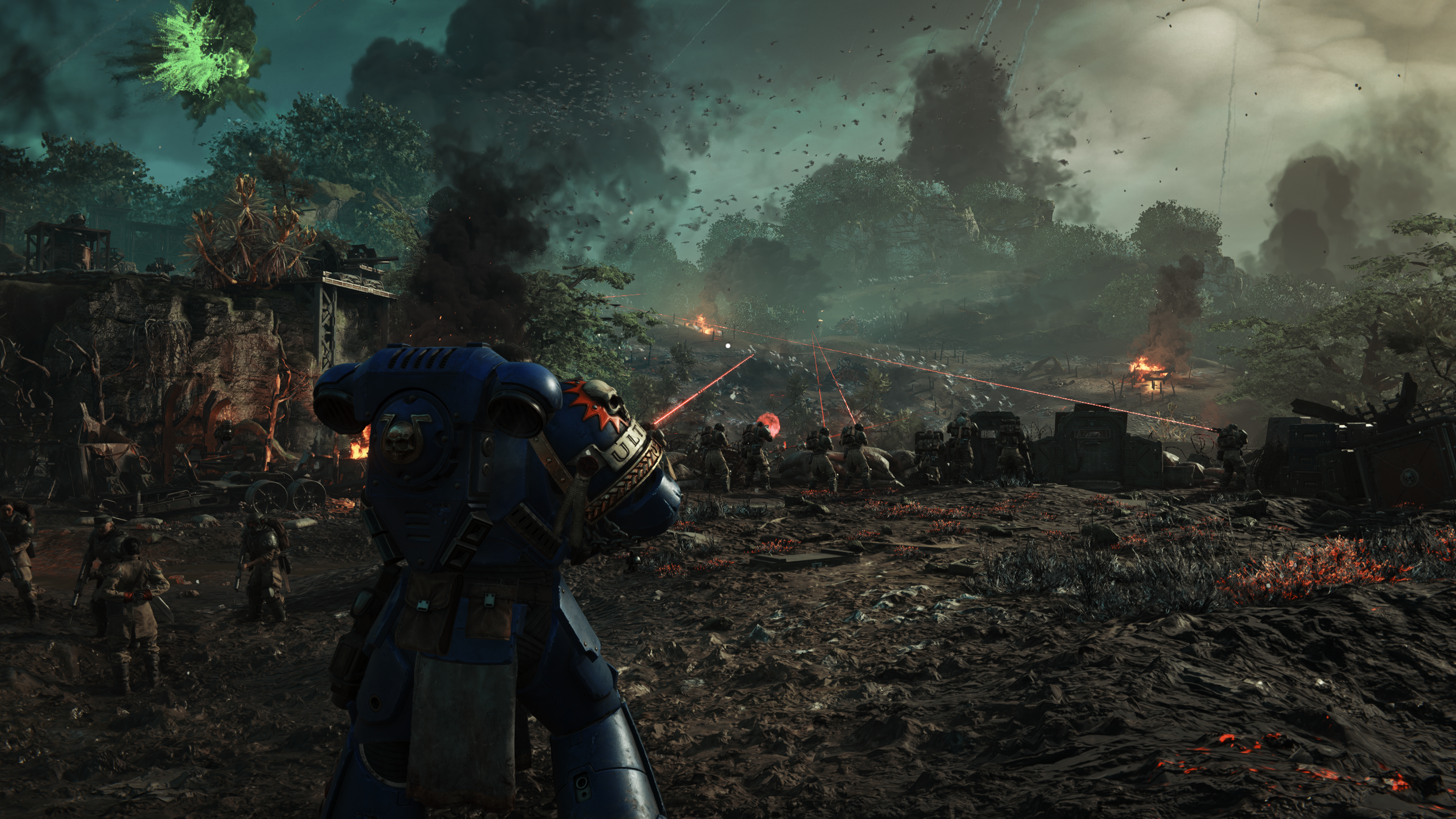 Screenshot showing an epic battle in Space Marine 2