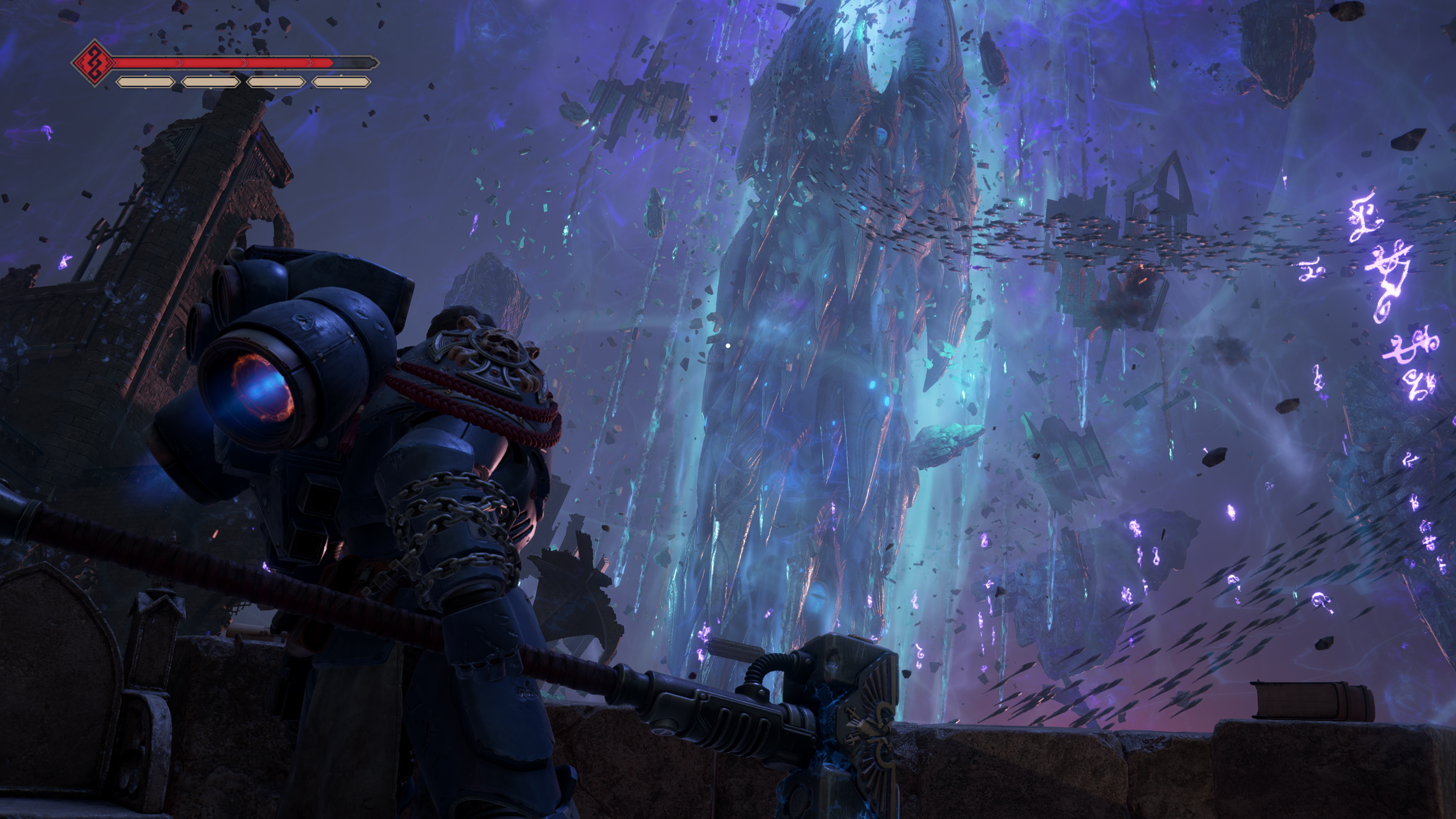 Screenshot showing an epic battle in Space Marine 2