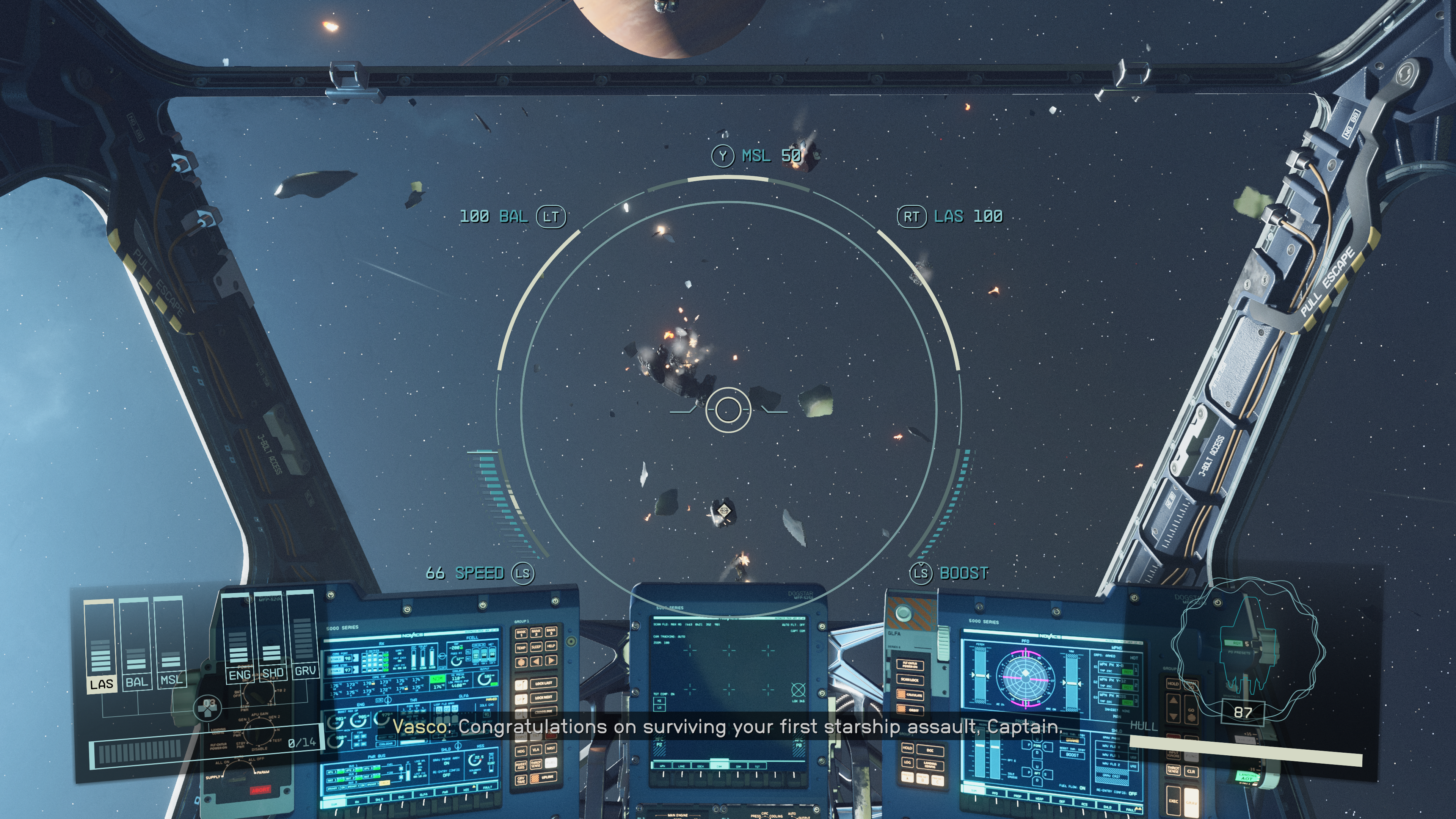 Screenshot from Starfield showing a space battle