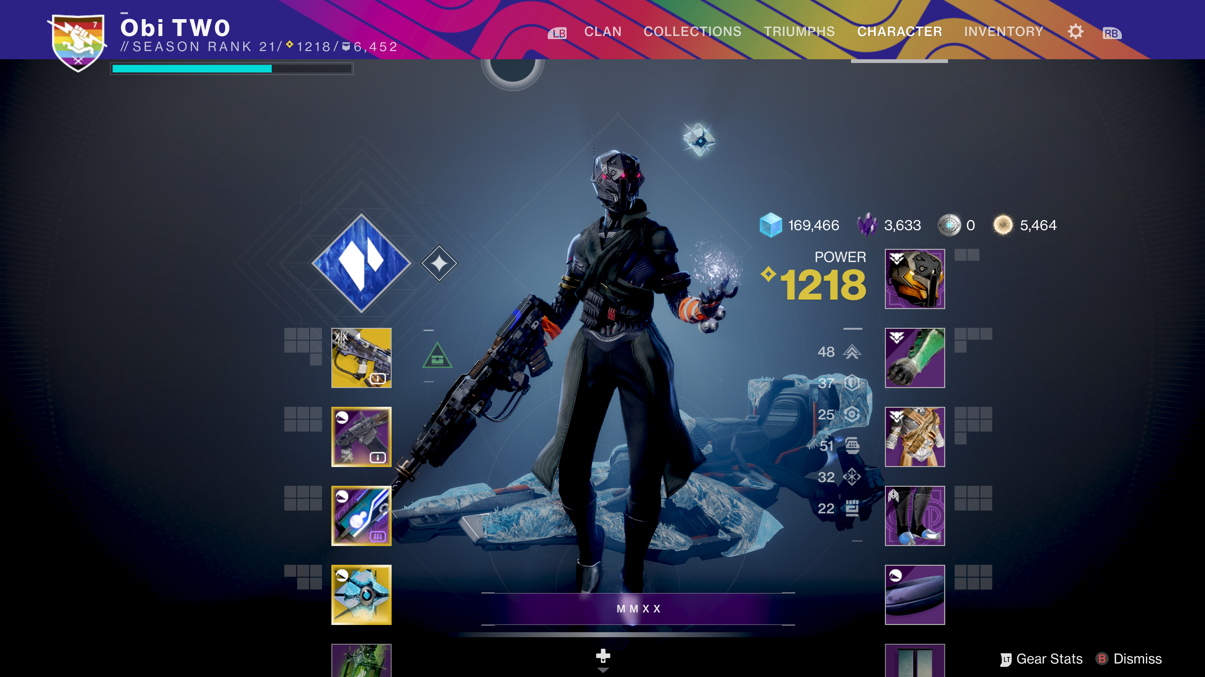 Screenshot of my Warlock guardian in Destiny 2 on the character equipment screen, showing the Pride emblem.