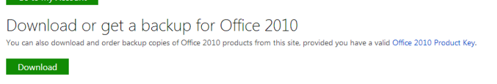 Screenshot of link to re-download Office 2010