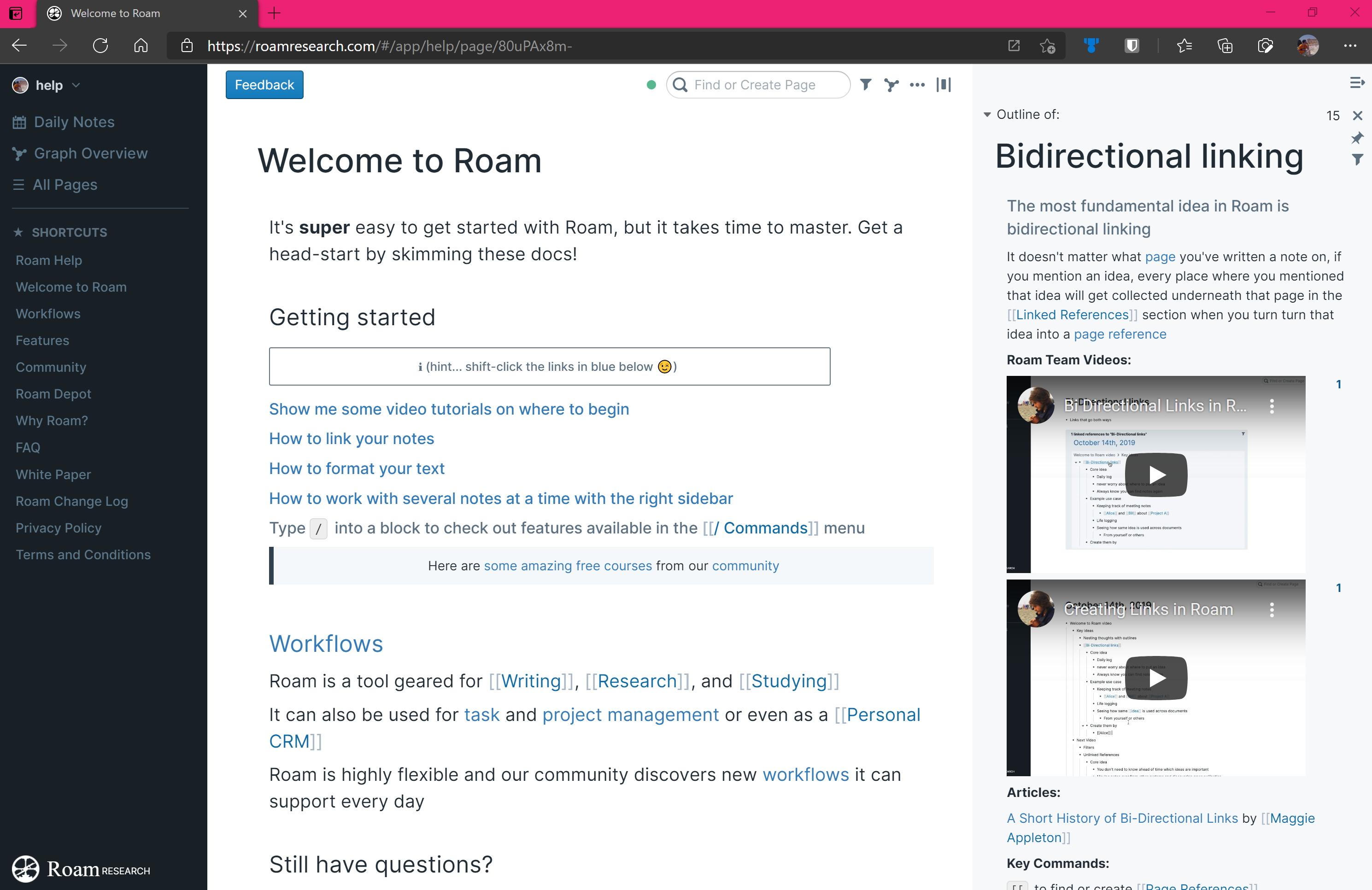 Screenshot of the Roam Research help graph